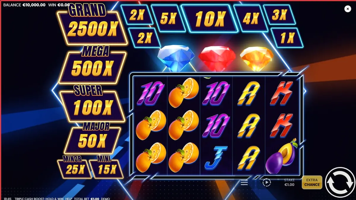 Interface neon vibrante do slot Triple Cash Boost com diamantes brilhantes