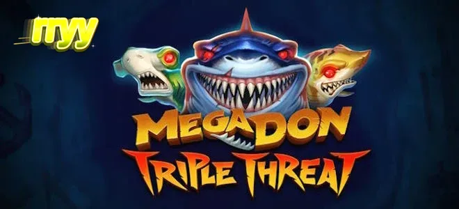 Cena subaquática com tubarões e elementos do jogo Mega Don Triple Threat