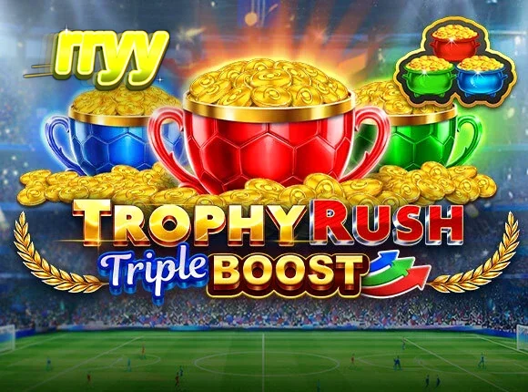 Interface do jogo de slot Trophy Rush Triple Boost com símbolos de moedas douradas